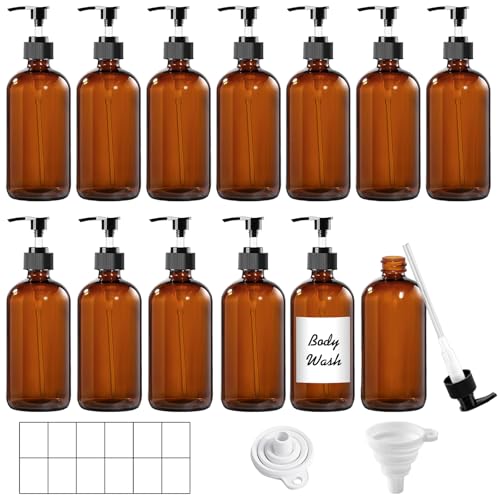 12 Pack Amber Glass Bottles 8oz with Pump Dispensers, Refillable Empty Pump Bottles for Bathroom, Kitchen, Shampoo, Soap, Lotion ? Includes 2 Funnels & 12 Labels