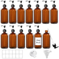 12 Pack Amber Glass Bottles 8oz with Pump Dispensers, Refillable Empty Pump Bottles for Bathroom, Kitchen, Shampoo, Soap, Lotion ? Includes 2 Funnels & 12 Labels