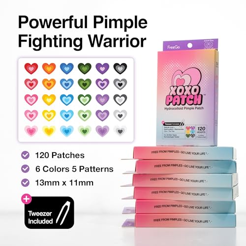 FreeGo XOXO Hydrocolloid Pimple Patch, 120 Counts | Cute Colorful Heart Shape | Salicylic Acid, Niacinamide, CICA, Tea Tree, Eucalyptus | Absorb, Heal Pimple and Protect Skin | Made in Korea