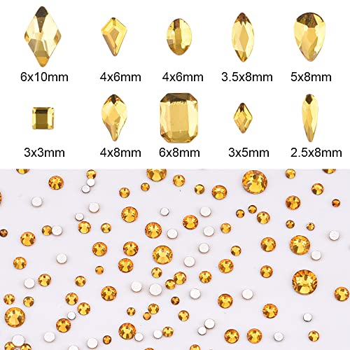 Tisslan 820pcs Golden Yellow Sparkle Nail Gems Flatback Crystals Charms 3D Nail Art Decoration Shape Rhinestone with Loose Round Flatback Diamonds Set for Personal Nails Manicure