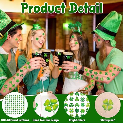 100 PCS St Patricks Day Tattoos, 4 Sheets Green Four Leaf Clover St Patricks Day Tattoos, Waterproof St Patricks Day Temporary Tattoos for St Patricks Day Accessories Favors
