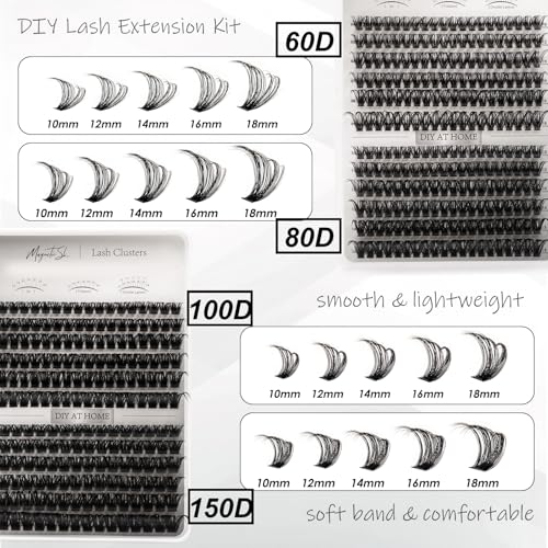 Lash Clusters 564pcs Eyelashes Clusters Extensions Kit 11-20mm DIY Cluster Eyelash Extensions Lash Clusters Kit With Lash Bond and Seal Lash Tweezers-Spiky+60D+80D+100D+150D