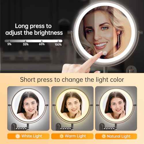 Rechargeable Wall Mounted Lighted Makeup Mirror, 1X/10X Magnifying Mirror with 3 Light Settings, 8 Inch 360¡Æ Swivel Extendable Bathroom Mirror, Double Sided Telescoping Vanity Mirror - Antique Bronze