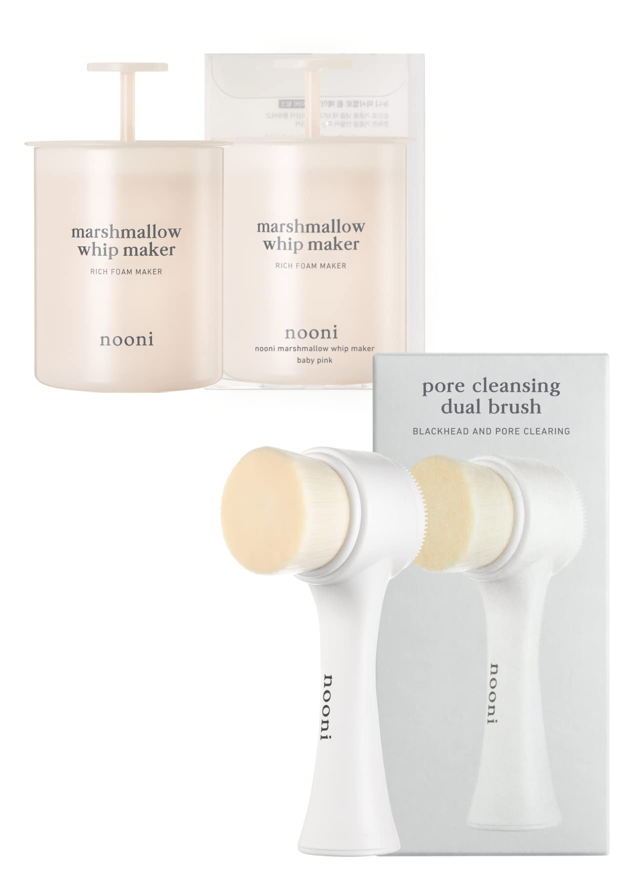 NOONI Facial Cleansing Tool - Marshmallow Whip Maker + Pore Cleansing Tool - Manual Dual Brush | Facial Massager and Exfoliator, Soft Bristle & Silicone Brush, 1 Count Bundle