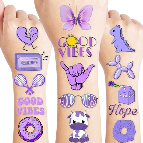 Purple Temporary Tattoos - 76 Pieces, 8 Sheets Waterproof