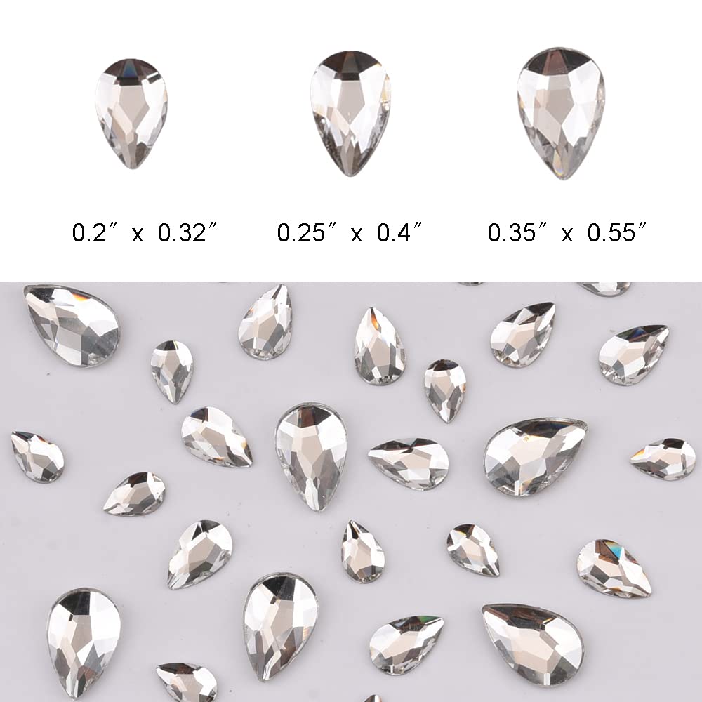 Tisslan 100pcs 3 Size Big and Small Pear Shape Crystal Clear Flatback Foiled Gem Rhinestones for Nail Technician Crafts Clothes DIY Decoration Accessories