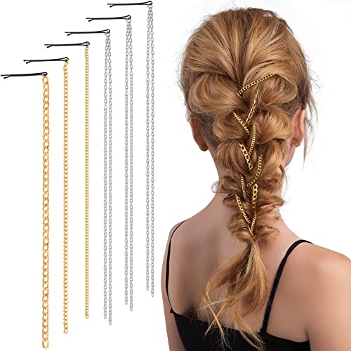 PAGOW 6Pcs Punk Gold Hair Chains with Tassels for Women and Girls, Ponytail Multi Strand Head Accessories with Clips for Nightclub, Christmas, Thanksgiving Party