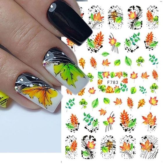 5 Sheets Gold Yellow Maple Leaf Nail Art Sticker Maple Leaf Nail Art Accessories Decals 3D Self-Adhesive Green Leaves Owl Nail Art Designs Supplies for Women DIY Thanksgiving Party Nail Decoration