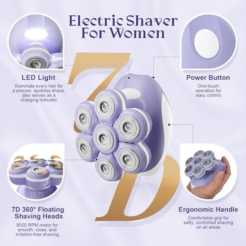 7D Electric Razors for Women: Fast & Painless Full-Body Shaver for Legs & Face ? Waterproof Ladies Hair Remover w/Light & Travel Cover ? Wet/Dry Use, Smooth Close Shaving, Gifts for Women
