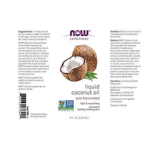 NOW Solutions, Liquid Coconut Oil, Light and Nourishing, Promotes Healthy-Looking Skin and Hair, 4-Ounce