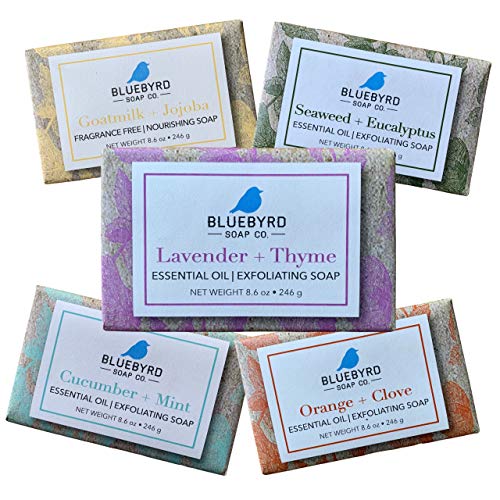 BLUEBYRD Soap Co. 5-Pack Variety Set Exfoliating Essential Oil Soap Bars | 100% Vegan Natural Bar Soap Gift | Cucumber Mint, Goat Milk Jojoba Oil, Lavender Thyme, Orange Clove, Seaweed Eucalyptus(SET)