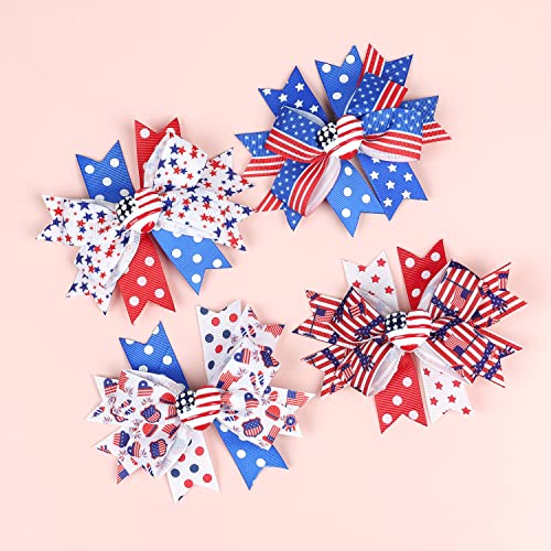 Red White Blue Hair Clips for Girls American Flag Hair Clip Patriotic Hair Bow Clips for 4th of July Hair Accessories Grosgrain Hair Bows with Heart TSFJ49 (3pcs Bow Set)