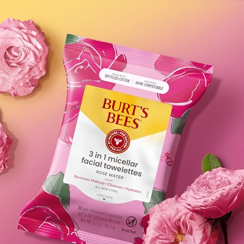 Burt's Bees Rose Water Face Wipes, for All Skin Types, Hydrating Micellar Makeup Remover & Facial Cleansing Towelettes, 30 Ct (3-Pack)