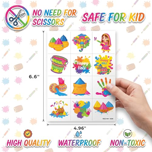 96 PCS Holi Hai Festival Temporary Tattoos for Kids