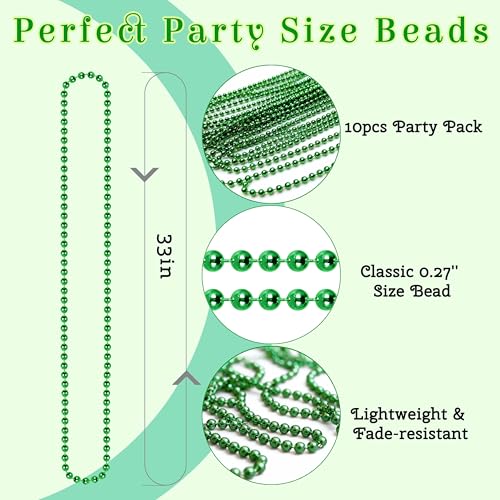 Green Glitter & Beaded Necklace Set - 10 PC St Patrick's Day Accessories
