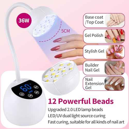 UV Nail Lamp,36W Cordless Gooseneck UV Light Gel x Flash Cure Lamp with 3 Timers and Auto Sensor for Gel Polish Nail Art(White)