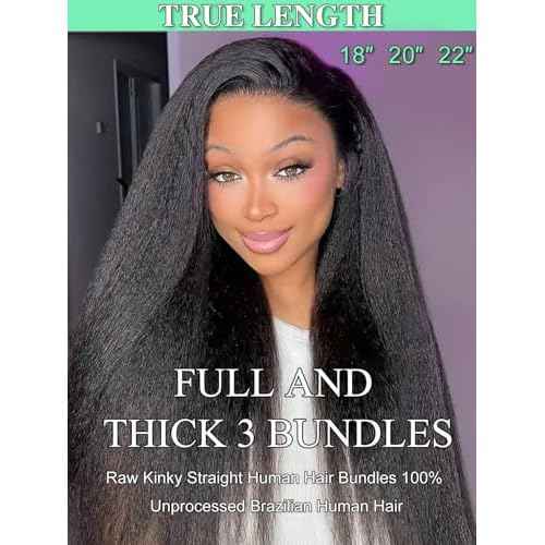 Raw Bundles Human Hair Kinky Straight Bundles 12 14 16 Inch 100% Unprocessed Brazilian Hair 16A Double Weft Kinky Straight 3 Bundles Deals Human Hair Natural Black