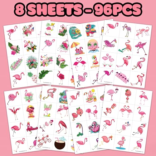 96 Pc Flamingo Temporary Tattoos for Kids - Waterproof