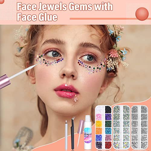 6300Pcs Face Gems with Rhinestones Face Glue for SFX Makeup, Eye Gems Flat Back Rhinestones Hair Crystal Makeup Gems with Skin Glue Spirit Adhesive for Eye Jewels Hair Costume Cosplay