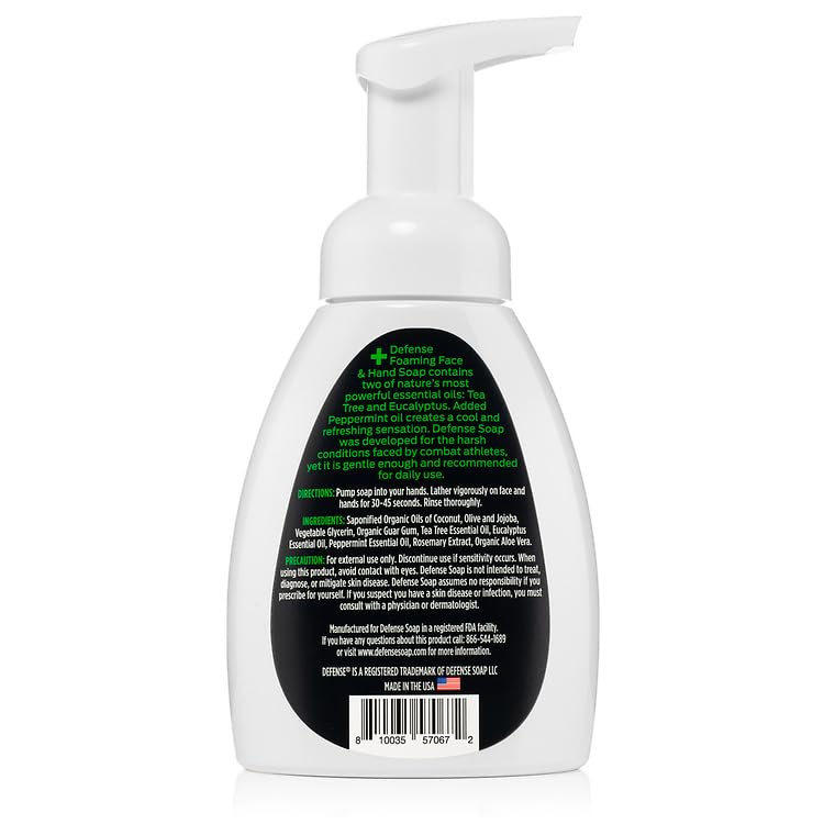 Defense Liquid Foaming Face & Hand Soap, Peppermint 7.5 Fl Oz with Tea Tree, Eucalyptus, Jojoba, Aloe Vera, Olive & Coconut Oils