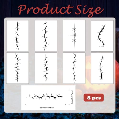 Halloween Black Stitch Scar Temporary Tattoos - 8 Pack