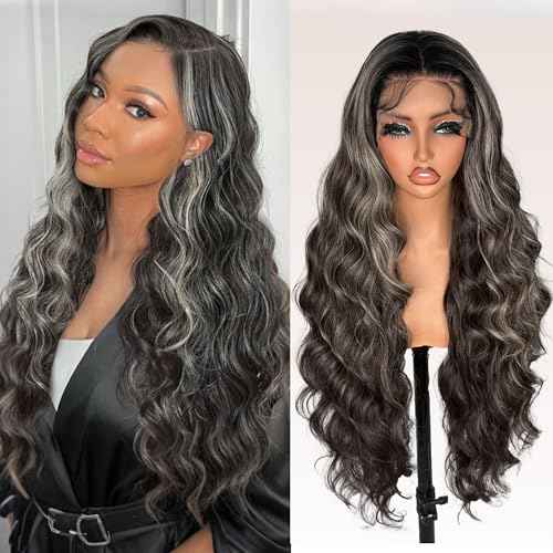 ZadaBelly Highlight 30 inch Body Wave 13x4 Lace Front Wig Brown Base with Black Wavy Hair Pre Plucked Hairline with Baby Hair, Transparent glueless Lace Synthetic Wig for Women Heat Resistant