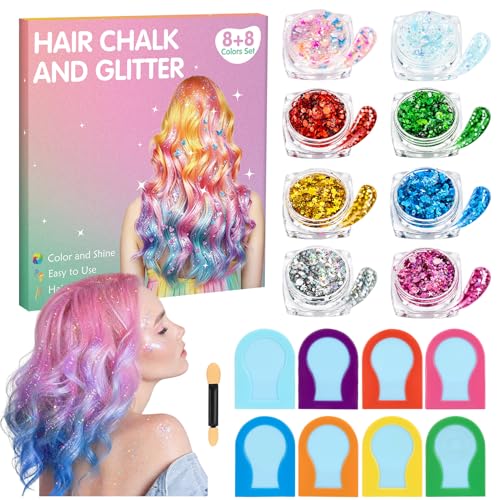 Hair Chalk and Glitter Set - 16 Pcs Temporary Hair Color
