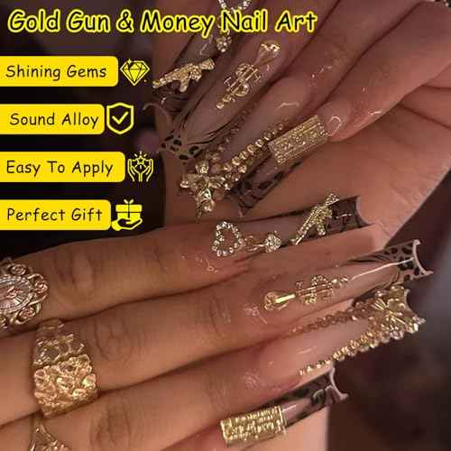 58PCS 3D Nail Charms - Gold Alloy Dollar, Gun, Virgin Mary,Cron & Cross Charms, Shiny Nail Rhinestones for Nail Art, Manicure, DIY Jewelry Making