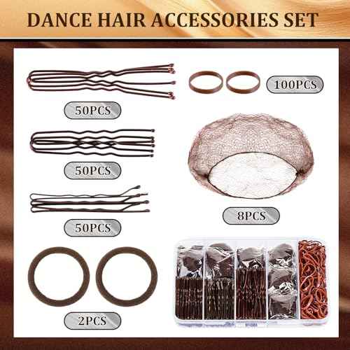 Dance Hair Accessories Kit, Dance Stuff with 100 U-shaped Pins, 50 Bobby Pins, 100 Elastic Rubber Bands, 8 Invisible Hair Nets,2 Hair Ties for Ballet Bun,Dance Competitions,Brown