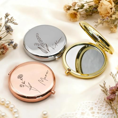 Personalized Compact Travel Mirror with Birth Flower and Name - Gift Idea