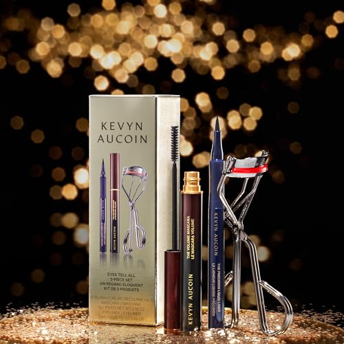 Kevyn Aucoin Eyes Tell All 3-Piece Set: Includes Professional Eyelash Curler, Volume Mascara (Full Size) & Precision Liquid Liner in Black (Full Size). Eye Defining Eyelash + Liner Trio.