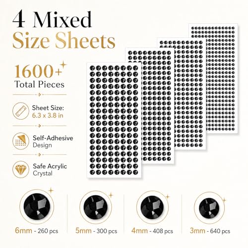 1608Pcs Black Face Gems Stickers Self-Adhesive Rhinestones 3-6mm