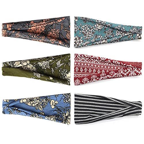 YONUF Flower Pattern Wide Headbands for Women - Boho Hair Accessories, 6 Pack