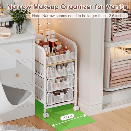 Narrow Rolling Makeup Cart Organizer with 3 Drawers - White