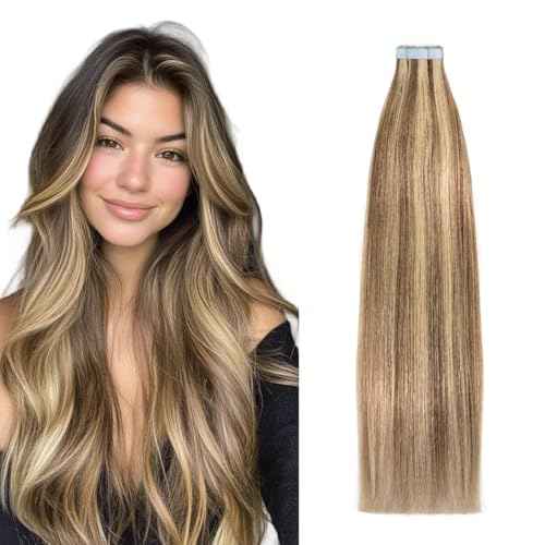 Tape in Hair Extensions Human Hair, 16 Inch Chestnut Brown/Golden Blonde Remy Human Hair for Women Skin Weft 20pcs 50g/pack Invisible Tape in Hair Extensions (#P6/22, 16 Inch)