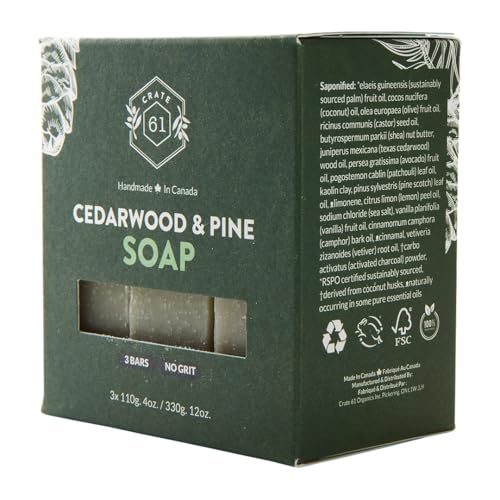 Crate 61 Organics, Handmade in Canada, Plant Based Cold Process Natural Bar Soap For Face And Body, With Premium Essential Oils, For Men And Women 3 Pack (Cedarwood Pine)