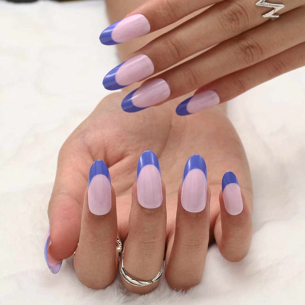 Gangel French Stiletto False Nails Glossy Fake Nail Pink Full Cover Nude Fake Nails Sharp Acrylic Press on Nails for Women and Girls 24Pcs (French-Blue)