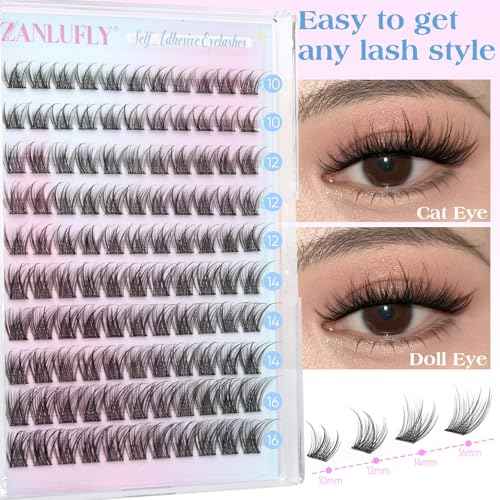 Self Adhesive Eyelashes Natural Self Adhesive Lash Clusters Pre glued Eyelash Clusters zanlufly No Glue Needed Lashes Wispy C-curly Cluster Eyelash extensions 10-16MM Individual Lashes