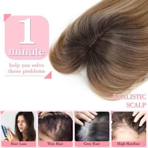 Megito 18inch Hair Topper with Bangs Synthetic 6.5"X6.5" Big Base Cover Clip in Hairpieces for Women with Thinning Hair Add Volume Daily Use(Brown Blonde with Dark Root)