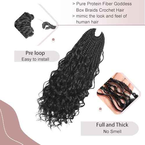 9 Packs Boho Box Braids Crochet Hair 14 Inch Pure Protein Fiber Similar to Human Hair Goddess Box Braids Crochet Hair With Curly Ends Pre Looped Bohemian Braid Hair Extension For Women(14 Inch, 1B)