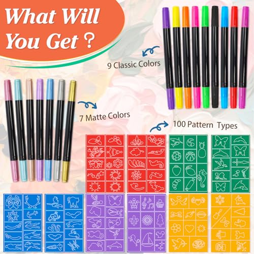 MuseLuxe Temporary Tattoo Markers - 16 Color Pen Set with 100 Stencils