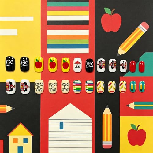 Back to School Press On Nails - 24 Pcs Cute School Design