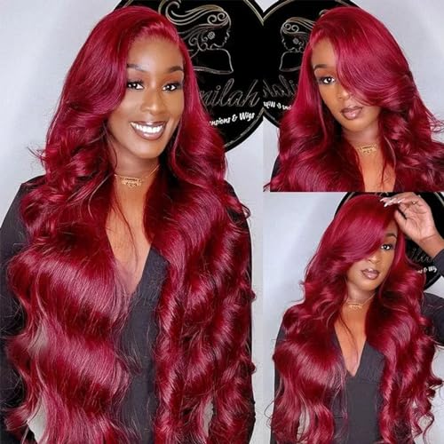 28" 99J Burgundy Lace Front Wig - 180% Density Human Hair