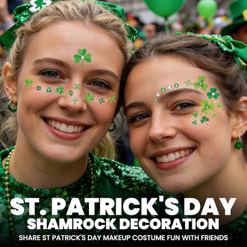 EMOME St Patrick Day Accessories, St Patrick's Day Shamrock Face Tattoo with Green White Face Gems, Saint Patrick's Day Makeup Art Decorations for Women, Girls