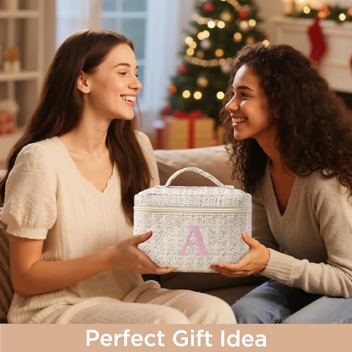 HBselect 2Pcs Initial Quilted Makeup Bag, Pink Cosmetic Travel Toiletry Bag, Flowers Coquette Zipper Make Up Pouch Organizer Teen Girl Gift Trendy Stuff T