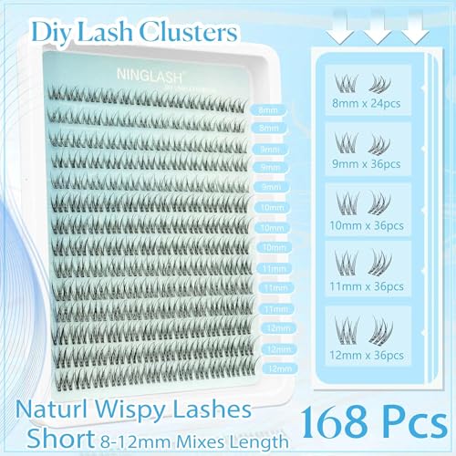 NINGLASH Natural Lash Clusters Wispy Eyelash Cluster 8-12mm Short Lash Clusters Natural Look C Curl Lash Extensions Clear Band 168pcs DIY Eyelash Extension