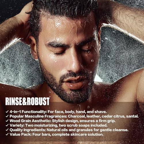 Rinse & Robust Mens Soap 4Pcs Natural Mens Bar Soap Cleansing Soap Bar Set Gift for Men Exfoliating & Moisturizing Luxury Soap FACE BODY HAND SHAVE Soap 4 In 1 All Skin Type |5.3 oz of 4 Bars