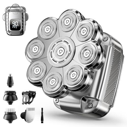 9D Head Shavers for Bald Men, 5 in 1 Detachable Head Shaver with LED Display, IPX7 Waterproof Wet Dry Rechargeable Electric Shavers for Men Grooming Kit for Home & Travel