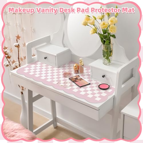Pink Checkered Makeup Mat 31.5x15.7 Dual-Sided Vanity Pad