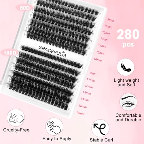 DIY Eyelash Extension Clusters Kit, 280pcs 80D+100D D Curl Lashes